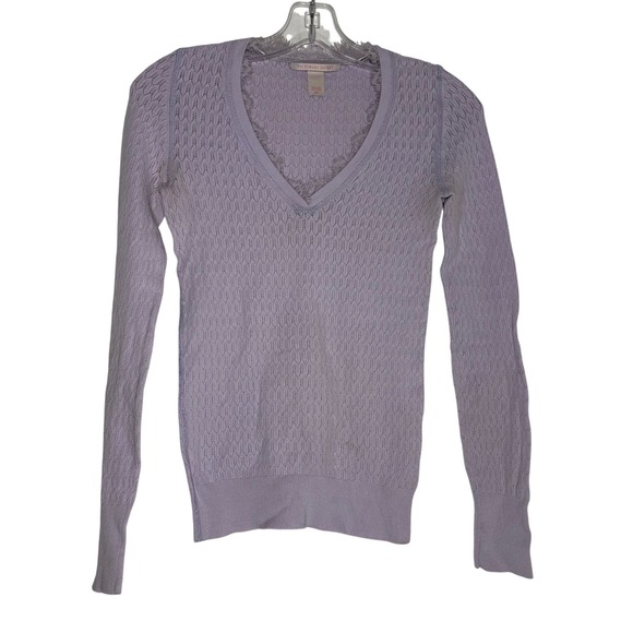 Victoria's Secret Sweaters - Victoria's Secret Lavender Pointelle Lace Trim V-Neck Long Sleeve Sweater Small